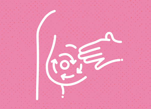 Ilustracja liniowa w białym kolorze na różowym tle: dłoń masująca pierś, z zaznaczonym ruchem kolistym, sugerująca samobadanie.